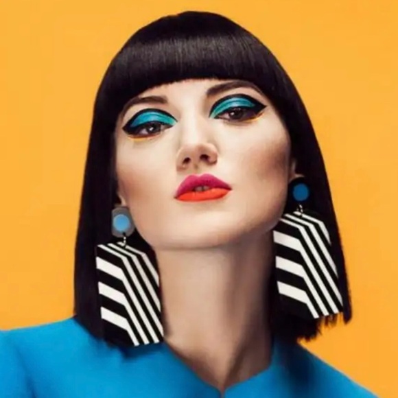 Black and White Striped Statement Earrings 80s Geometric Maximalism Pop Art - Picture 1 of 8